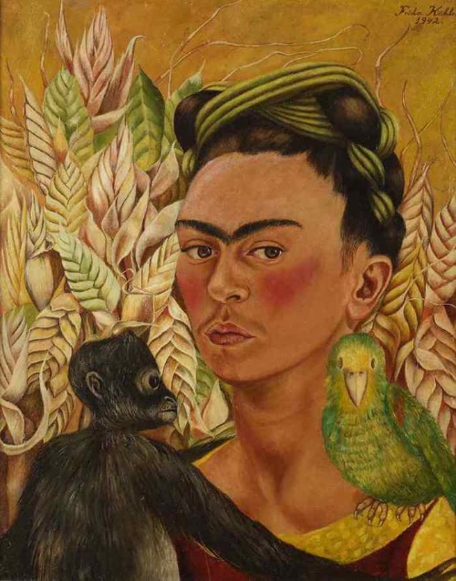 Selbstporträt an der Grenze zwi Frida Kahlo.4 Postkarten.Selbstbildnis mit Affe 